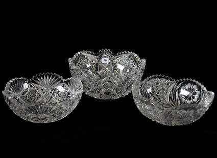 (3) Bowls, American Brilliant Cut Glass: (3) American Brilliant Cut Glass Bowls; (1) 4" X 9" Hobstar and Vesica Motif, One Serious Tooth Chip & Smaller Tooth Chips; (1) 3.25" X 8" Hobstar, Nailhead Diamond, Strawberry Diamond, Pinwheel and