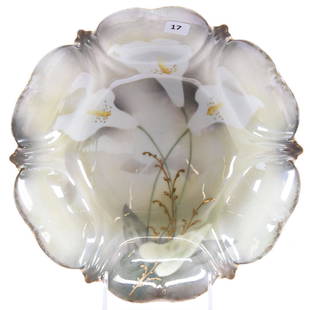 Bowl, Unmarked R.S. Prussia: Bowl Unmarked R.S. Prussia, 10.5" Green and Gray Lustre Finish with Lily Decor