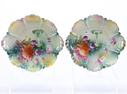 (2) Cake Plates, Marked R.S. Prussia: (2) Identical Cake Plates Marked R.S. Prussia, 11.5" Green, Yellow, Pink and Blue Tones, Fruit Decor with Champagne Glass Silhouette, Two Handled