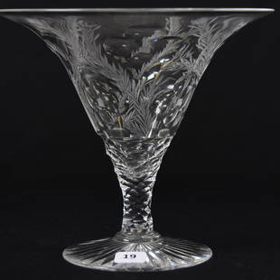 Tazza, American Brilliant Cut Glass: American Brilliant Cut Glass Tazza, 7.25" X 8" Punte & Engraved Floral Motif, Ray Cut Foot