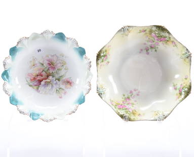 (2) Bowls, R.S. Prussia: (2) R.S. Prussia Bowls; (1) 10" Unmarked, White & Green Tones with Floral Decor; (1) 11" Marked RSP, Green Tones with Small Pink Rose Decor