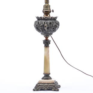 Lamp Base, Marked P&A Harvard, Electrified: Lamp Base, 36" Top of Finial, Onyx Stem with Metal Font & Base, Electrified, 22" Top of Font, Wick Winder Marked P&A Harvard