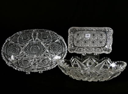 (3) American Brilliant Cut Glass Items: (3) American Brilliant Cut Glass Items; (1) 11.25" Oval Bowl with Hobstar & Strawberry Diamond Motif (Tooth Chips); (1) 11.5" Deep Celery Tray with Pinwheel, Nailhead Diamond Motif; (1) 7.75" Tray in