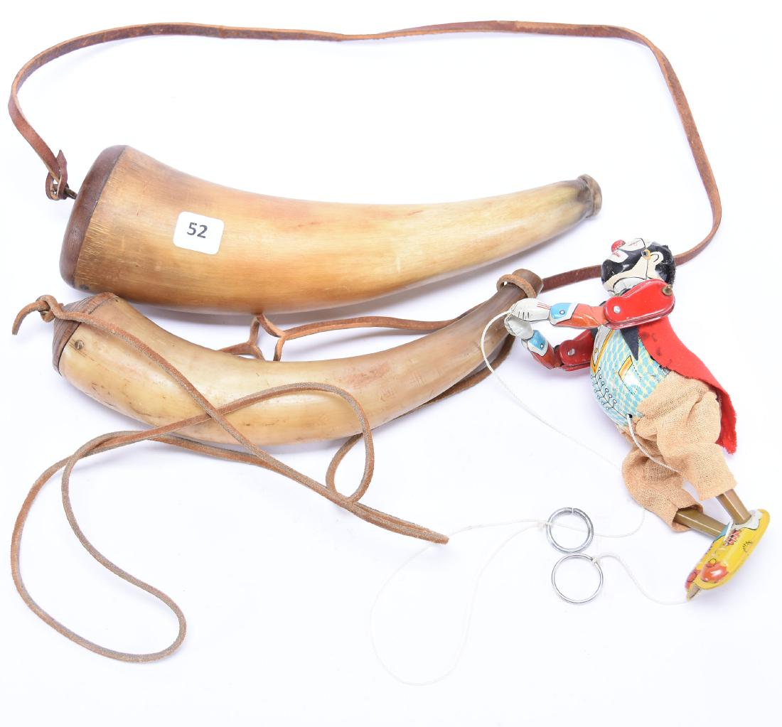 (2) Powder Horns; (1) Vintage Tin Toy (1 of 2)