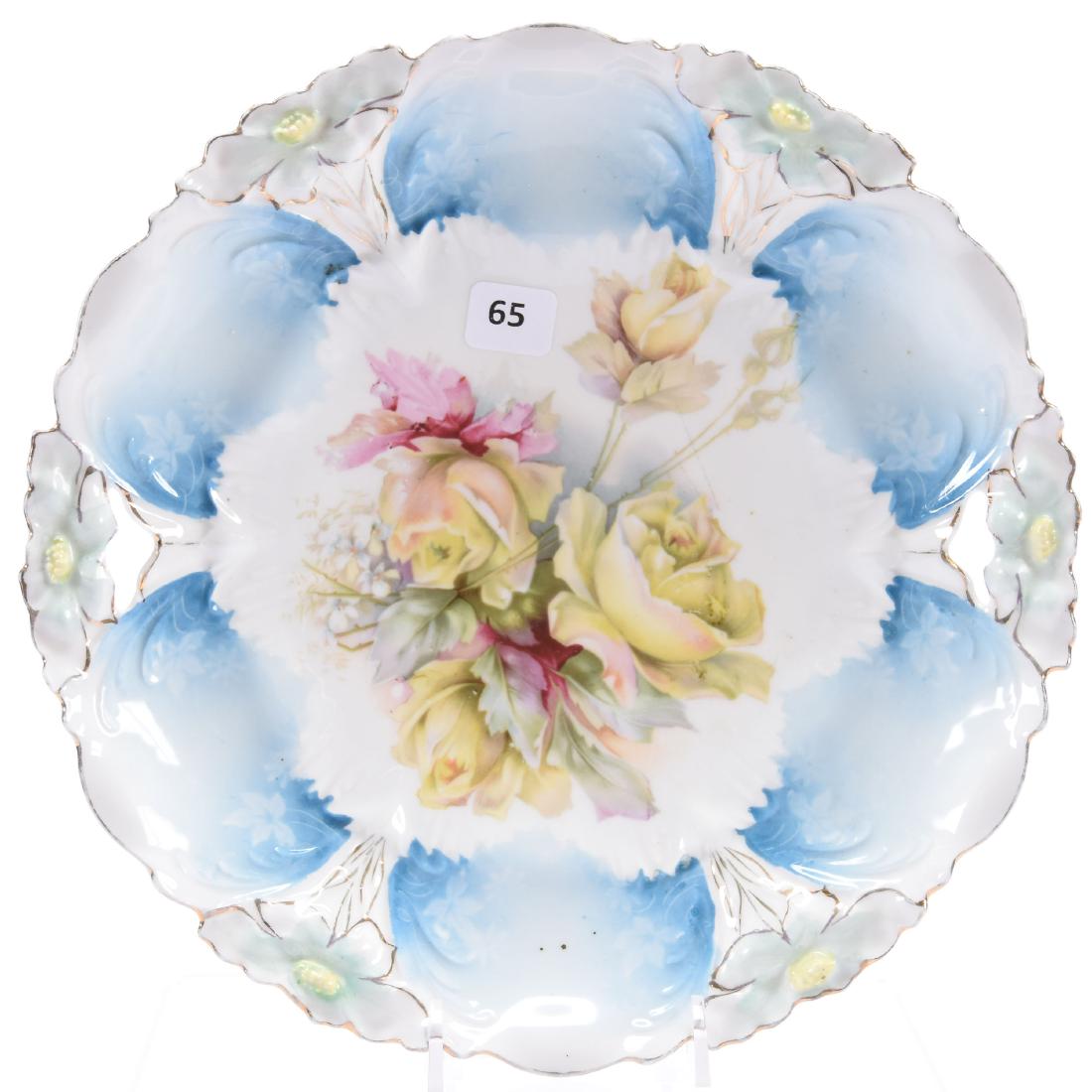 Cake Plate, Unmarked Prussia: Unmarked Prussia Cake Plate, 10.5" Lily Mold, Blue and White Tones with Yellow Rose Decor
