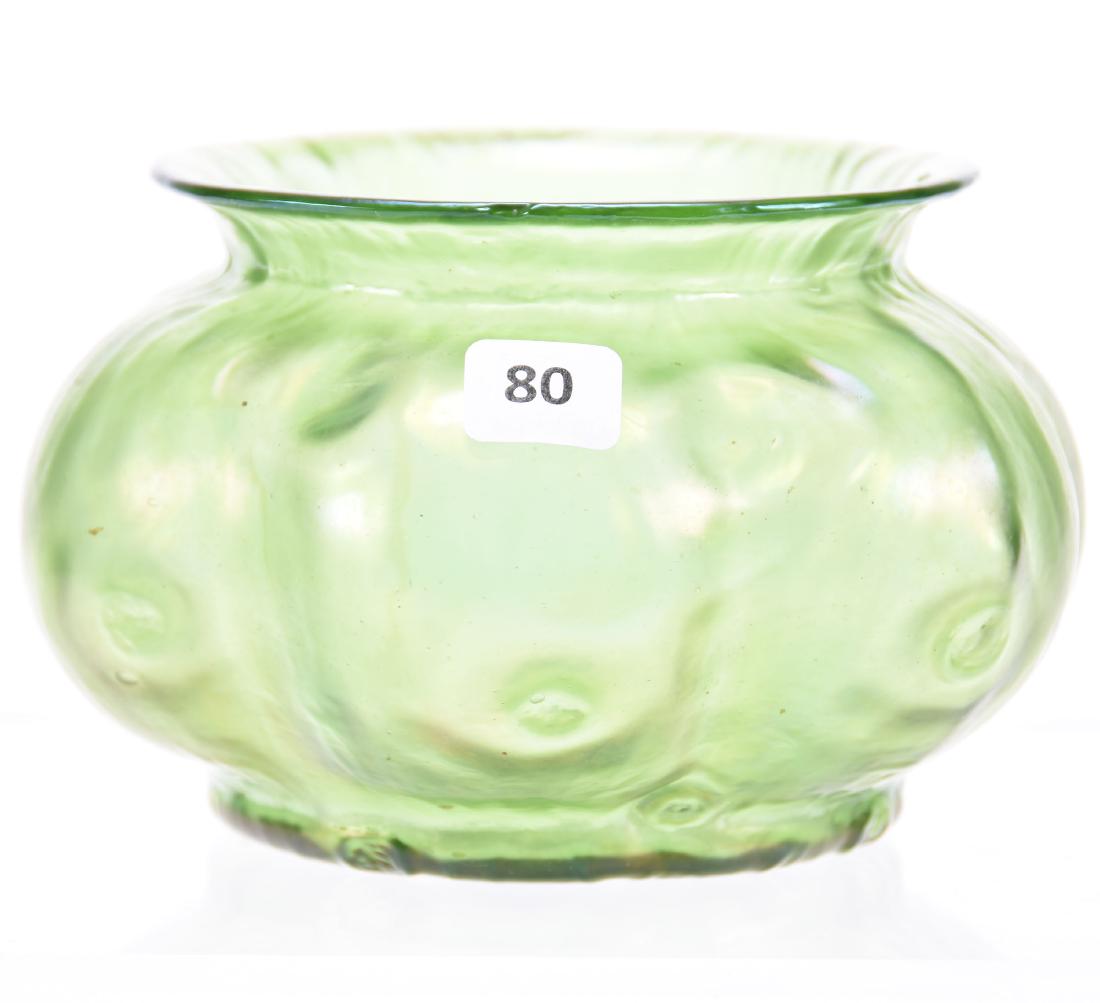 Vase, Iridescent Art Glass: Green Iridescent Art Glass Vase, 4" X 6.5" Loetz Style, Polished Pontil