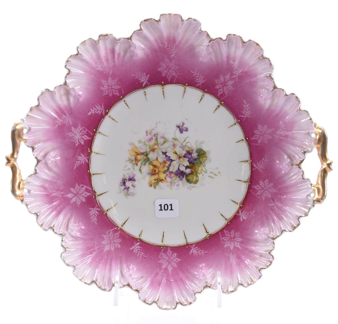 Cake Plate, Unmarked Prussia: Cake Plate Unmarked Prussia, 11.75" Pink and White with Wild Floral Decor, Scalloped Shell Mold