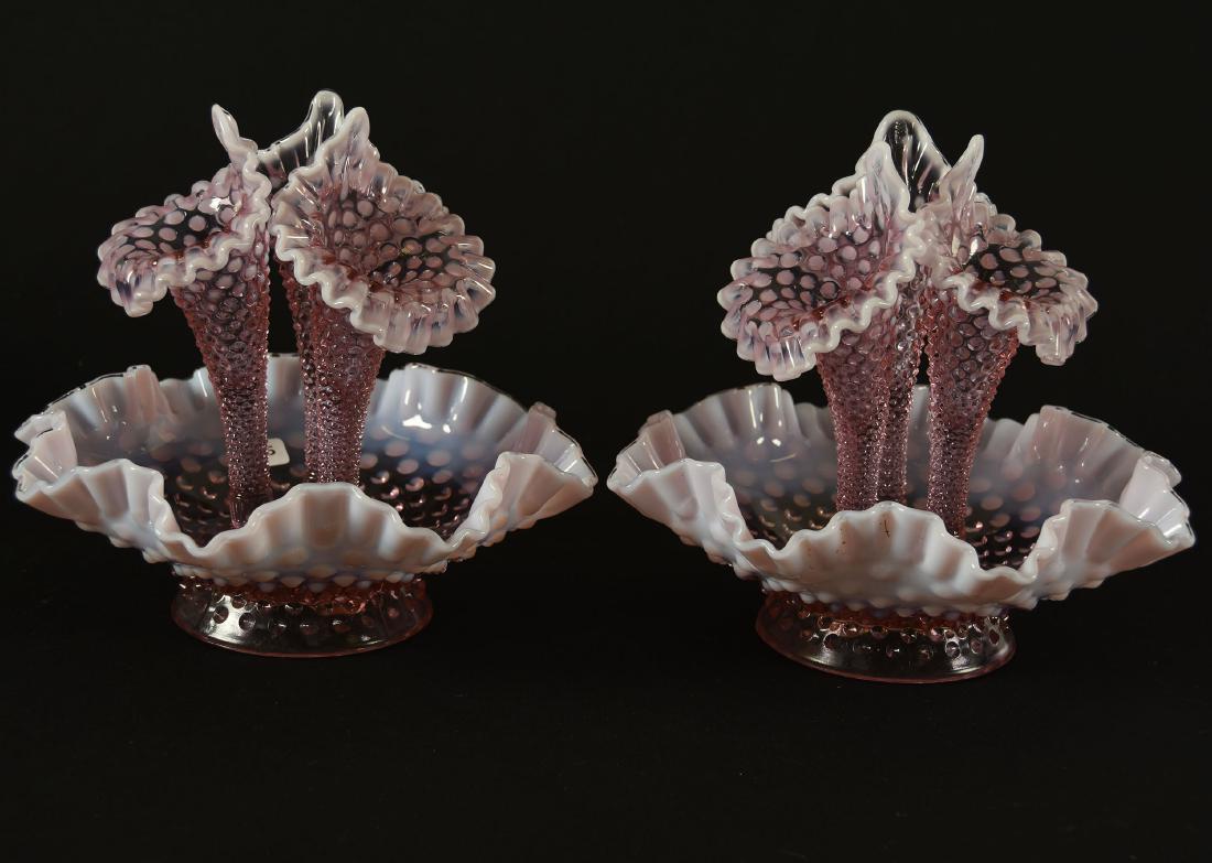 (2) Three Lily Epergnes, Fenton: (2) Three Lily Epergnes by Fenton, 9" X 10.5" Rose Magnolia Opalescent Glass