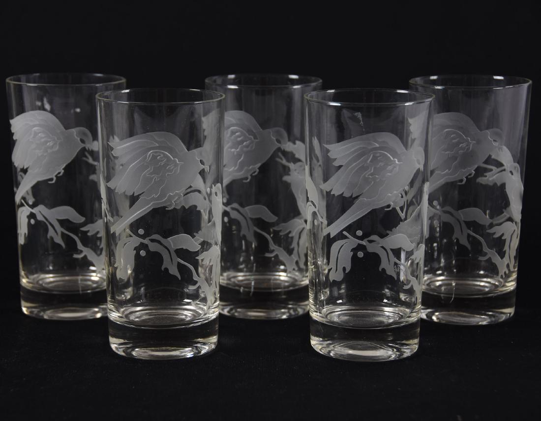 (5) Tumblers with Acid Etched Bird Design: (5) Tumblers with Acid Etched Bird Design, 5.5" Artist Signed "J. James"