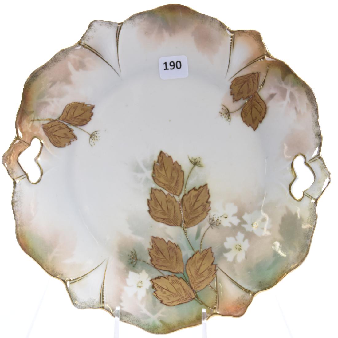 Cake Plate, Marked R.S. Prussia: Cake Plate Marked R.S. Prussia, 10" Mold #253, Cream and Green Lustre Finish with Floral Decor and Gold Leaf Highlights