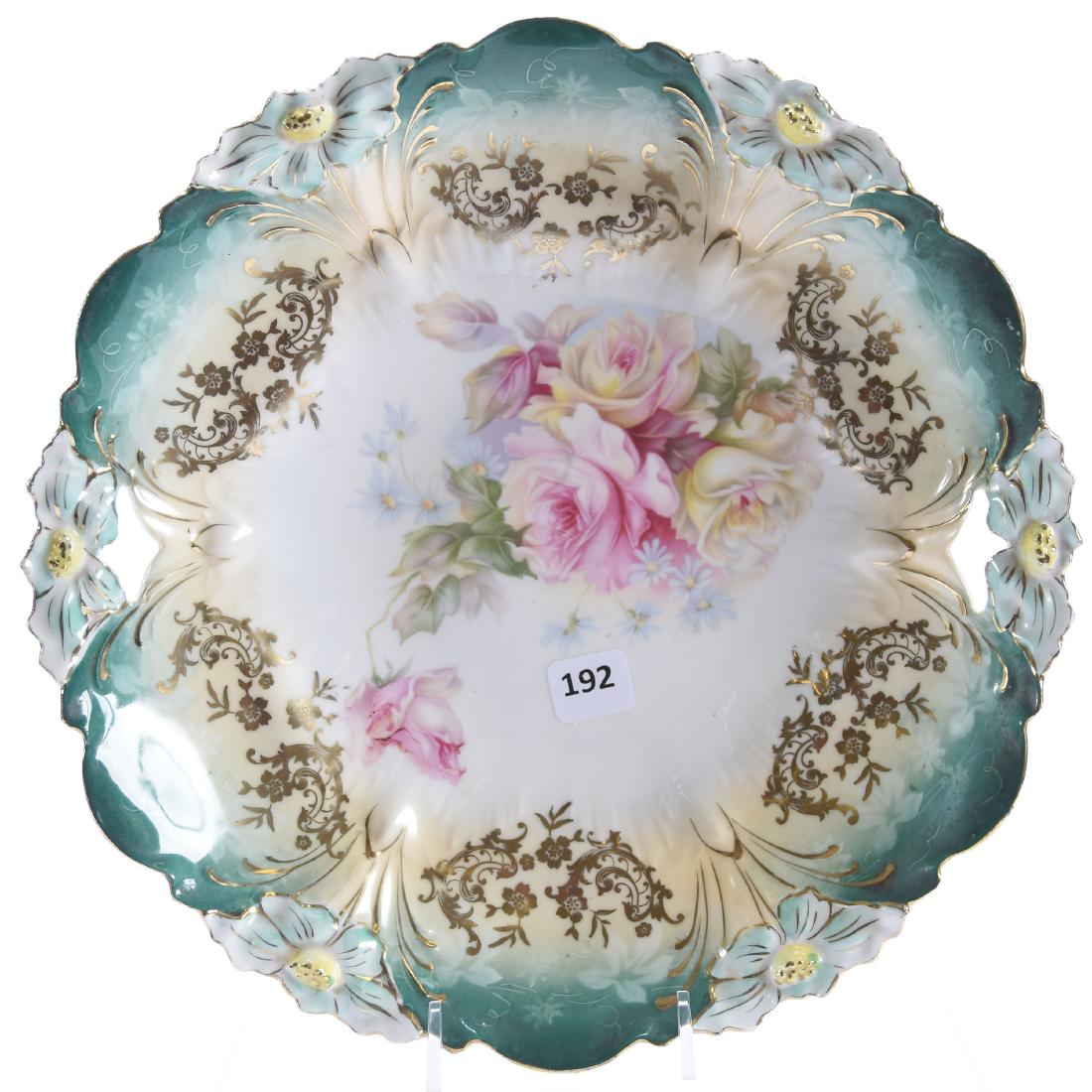 Cake Plate, Unmarked Prussia: Unmarked Prussia Cake Plate, 11" Lily Mold, White, Cream and Green Tones with Pink and Yellow Rose Decor, Nice Gold Stencil Highlights