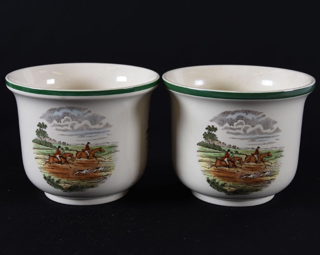 Pair Spode Jardiniere, The Hunt: Pair Spode Jardiniere, 5.5" X 6.5" "the Hunt" Scenic Decor, Titled "Gone Away"