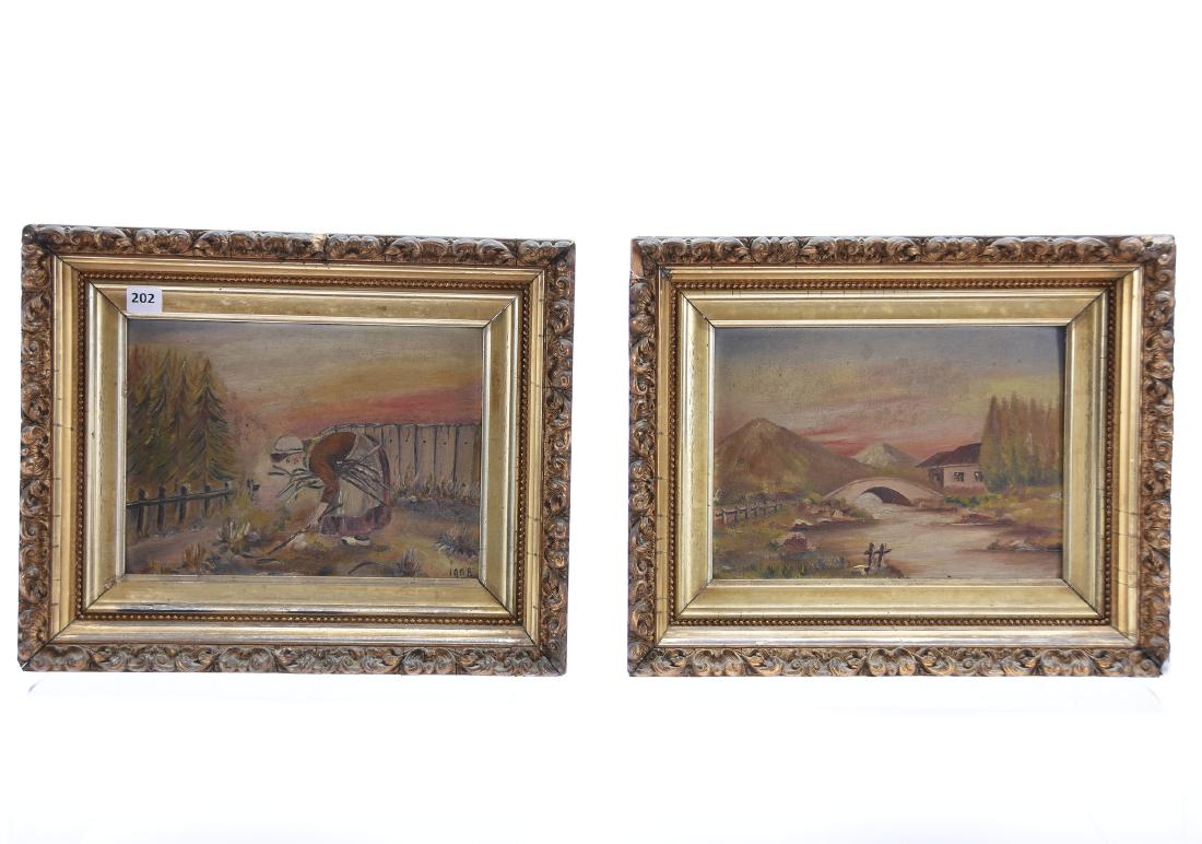 (2) Oil Paintings on Board: (2) Oil Paintings on Board, 7" X 9.5" Canvas Size; (1) Dated 1908, Woman Picking Up Sticks; (1) Scene of Bridge, Mountain, and Cottage, Set in Matching 11" X 13.5" Gilt Wooden Frames, Frames Have Some