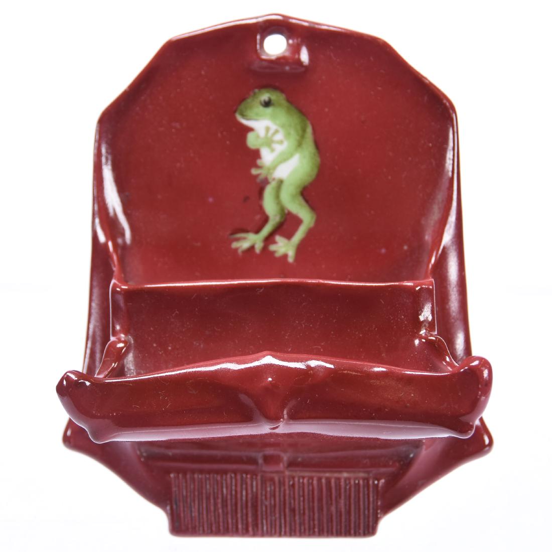 Match Holder, Royal Bayreuth (Blue Mark): Royal Bayreuth (Blue Mark) Match Holder, 4.75" Maroon with Frog, Wall Mounted with Striker