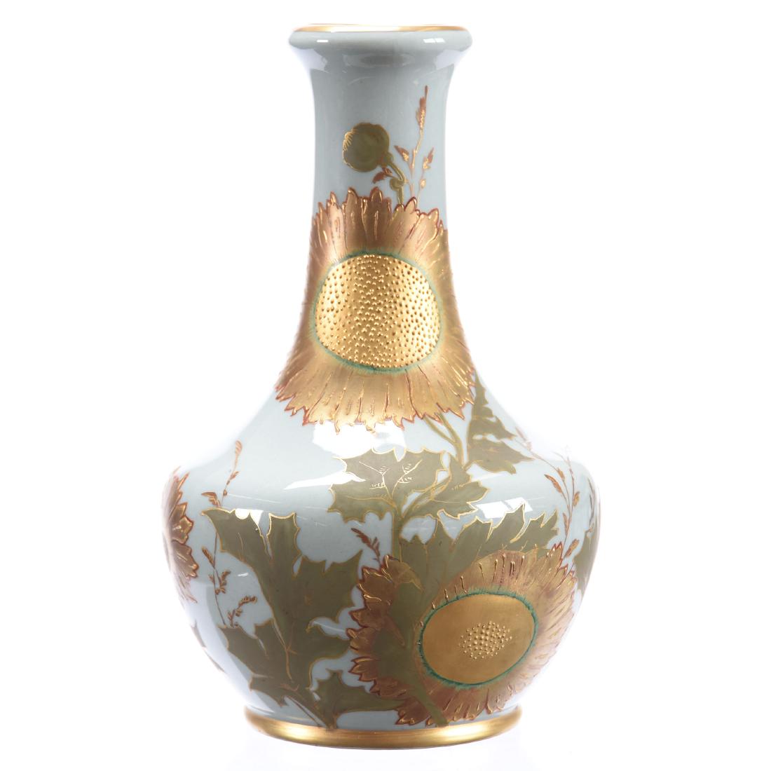 Porcelain Vase, Marked Nymphenburg: Porcelain Vase Marked Nymphenburg, 7.25" Green Background with Golden Sunflower and Green Leaf Decor, Nice Quality