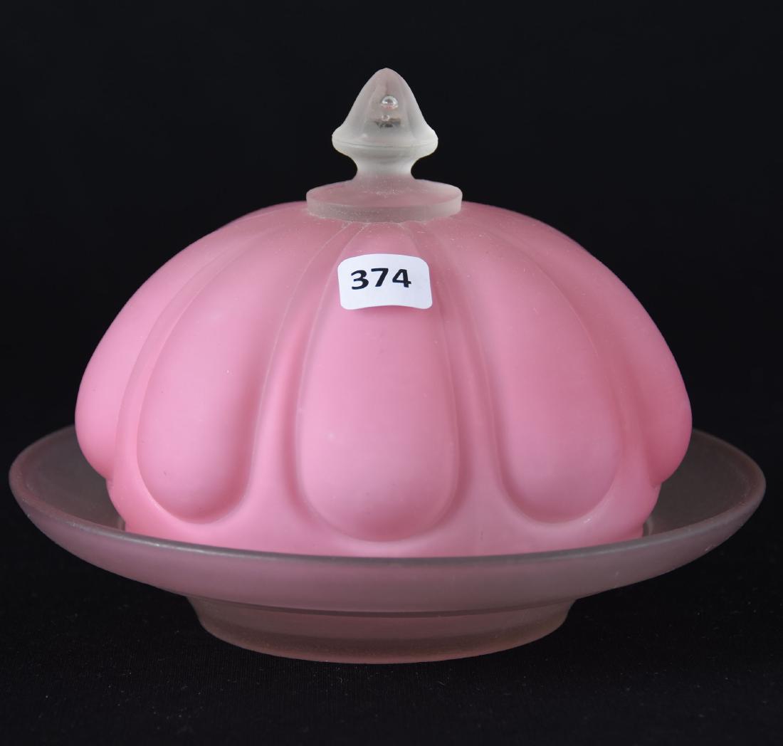 Butter Dish, Cased Pink Satin: Art Glass Butter Dish, 5.5" X 7.5" Cased Pink Satin Bulging Loop with Frosted Finial and Frosted Glass Underplate
