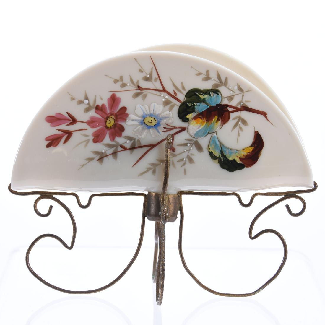 Letter; Card Holder Art Glass: Art Glass Letter/Card Holder, 6" X 7" Cream Opaque Body with Enamel Blossom and Leaf Decor, Wire Metal Feet