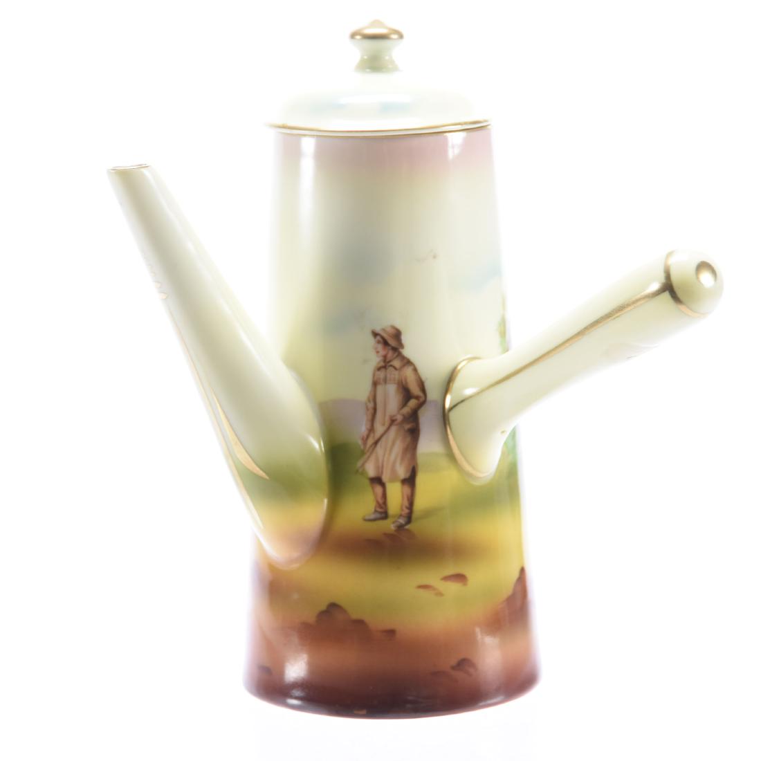 Demitasse Pot, Royal Bayreuth, Boy & Turkeys: Royal Bayreuth Demitasse Pot, Boy & Turkeys, 7.25" Side Handle, Small Touch Up on Under Side of Lid