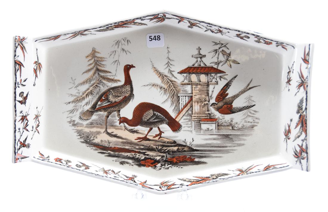 Tray, English Ironstone, Turkey Scene: English Ironstone Tray with Turkey Scene, 14.25" Six-Sided "Indus" Pattern, Polychromatic