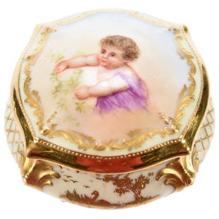 Marked Dresden Hand-Painted Ring Box: Marked Dresden Hand-Painted Ring Box, 2.5", Scene of Young Child, Cream Background, Extensive Gold Highlights