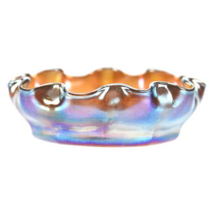 Signed LCT (Tiffany) Art Glass Salt Dip: Signed LCT (Tiffany) Art Glass Salt Dip, 2.75", Gold Iridescent, Ruffled Rim