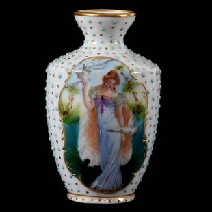 Miniature Vase Marked Prov Saxe: Miniature Vase Marked Prov Saxe, 3.5", Scene of Woman with Dogs, Extensive Blue and Gold Beaded Enamel Tapestry