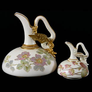 (2) Dragon Handled Ewers Marked Royal Worcester: (2) Dragon Handled Ewers Marked Royal Worcester, Matching #1048 with Nice Floral Decor and Gold Highlights; (1) 7"; (1) 4", Surface Chip on Spout