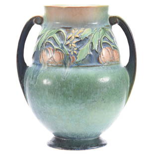 Unmarked Roseville Art Pottery Urn, Baneda Pattern: Unmarked Roseville Art Pottery Urn, Baneda Pattern, Green / Blue Tones, Two Handled, 9.25" X 8"