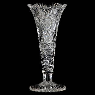 American Brilliant Cut Glass Vase: American Brilliant Cut Glass Vase, 10", Hobstar, Strawberry Diamond, Fan and Star Motif, Spiral Cut Stem, Scalloped Hobstar Foot, Very Nice