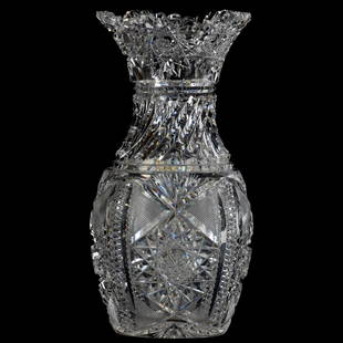 American Brilliant Cut Glass Vase: American Brilliant Cut Glass Vase, 10", Columbia Pattern by Blackmer, Prism Cut Spiral Neck, Hobstar Base, One Tooth with Outside Rim Chip