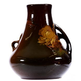 Unmarked Rozane Royal Art Pottery Vase: Unmarked Rozane Royal Art Pottery Vase 8.5" X 7", Unique Pierced Handles, Nice Brown Glaze, Floral Decor