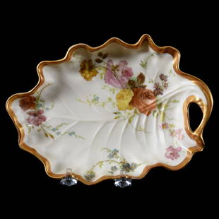 (1) Leaf Shaped Dish Marked Royal Worcester #1414: (1) Leaf Shaped Dish Marked Royal Worcester #1414, 7.75", Cream Tones with Rose Decor