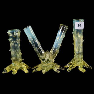 (3) Vaseline Opalescent Art Glass Tree Stump Vases: (3) Vaseline Opalescent Art Glass Tree Stump Vases; (1) 4.75", Single; (1) 4", Single; (1) 4.5", Double, All Feet in Good Condition