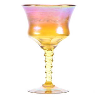 Signed LCT (Tiffany) Wine Glass: Signed LCT (Tiffany) Wine Glass, 5", Gold Iridescent with White Swirl Decor, Facet Cut Stem and Foot, Nice Quality