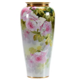 Vase Marked Nippon: Vase Marked Nippon, 12", Green and White Tones with Decor of Large Pink Roses