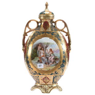 Two Handled Covered Urn Marked Beehive Austria: Two Handled Covered Urn Marked Beehive Austria, 13", Classic Cream, Green and Red Background with Extensive Gold Stencil Highlights, Classic Scene of Three Women by Carl Larsen, Excellent Condition