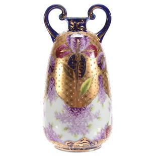 Two Handled Vase, Oriental Marks (Nippon): Two Handled Vase with Oriental Marks; (Nippon), 7", White and Cobalt Blue with Extensive Gold, Tapestry, Iris and Lavender Floral Decor, Nice Quality