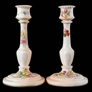 Pair Candlesticks Marked Royal Worcester: Pair Candlesticks Marked Royal Worcester, 8", One Candlestick Has Professional Repair at Top