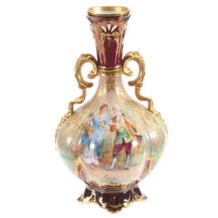 Beautiful Two Handled Vase Marked Dresden: Beautiful Two Handled Vase Marked Dresden, 8.25", Fantastic Double Courting Scenes, Iridescent Maroon Border with Flawless Gold Highlights