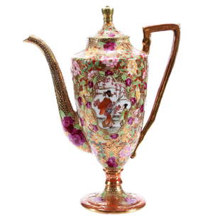 Pedestal Demitasse Pot, Nippon Style: Pedestal Demitasse Pot, Nippon Style, 10", Floral and Gold Tapestry Background with Various Chinese Scenes, Marked with Chinese Characters