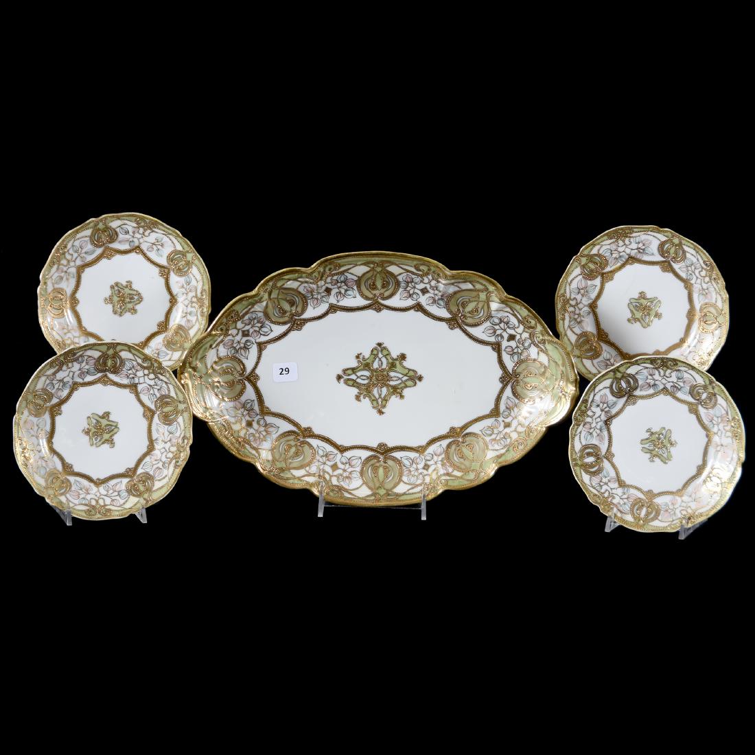 Ice Cream Set Marked Nippon: Ice Cream Set Marked Nippon, 14.25" X 9.25" Tray, White and Green with Pink, Blue, and Gold Highlights; (4) Matching 6.25" Dessert Plates; UPDATE 7/30, One plate has a hairline