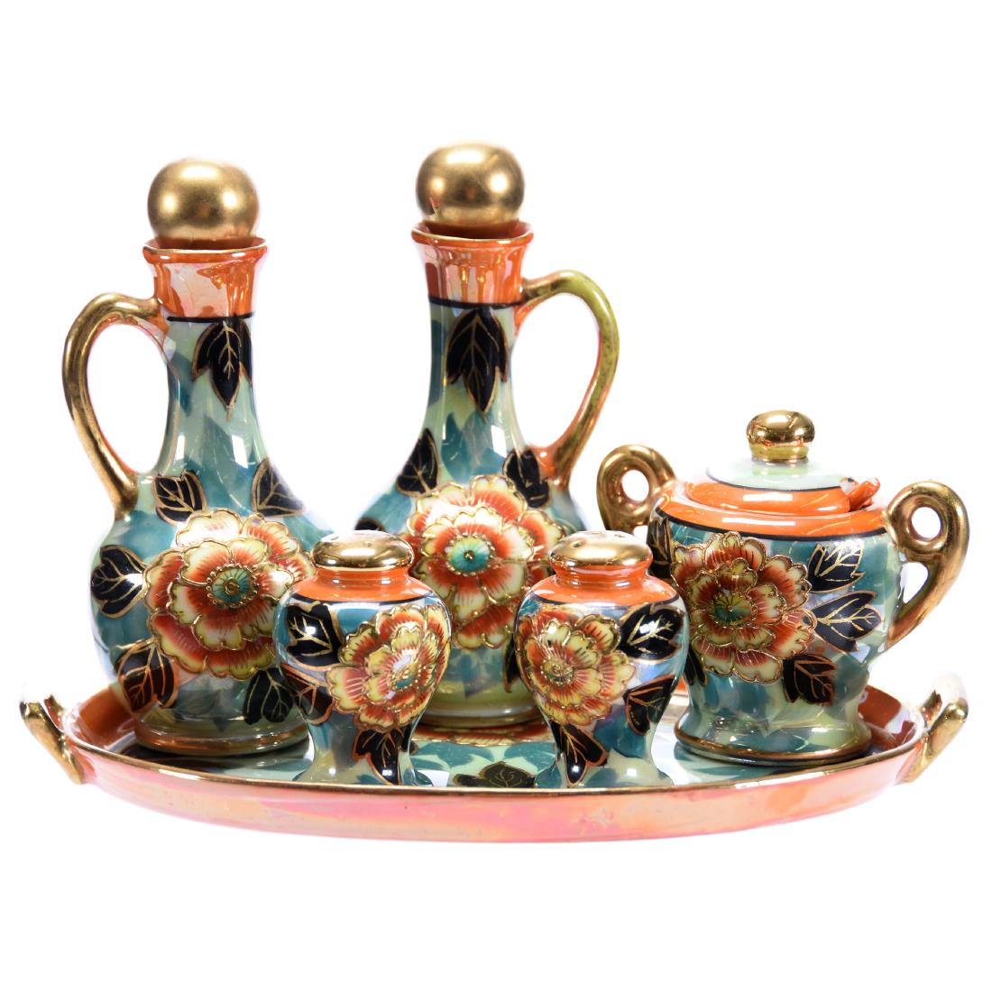 Six Piece Condiment Set Marked Made in Japan: Six Piece Condiment Set Marked Made in Japan, Iridescent Green and Orange with Lotus Blossom Decor and Gold Trim Highlights, 9" Oval Tray; (2) 5.75" Cruets, Mustard Jar, Salt and Pepper Shakers