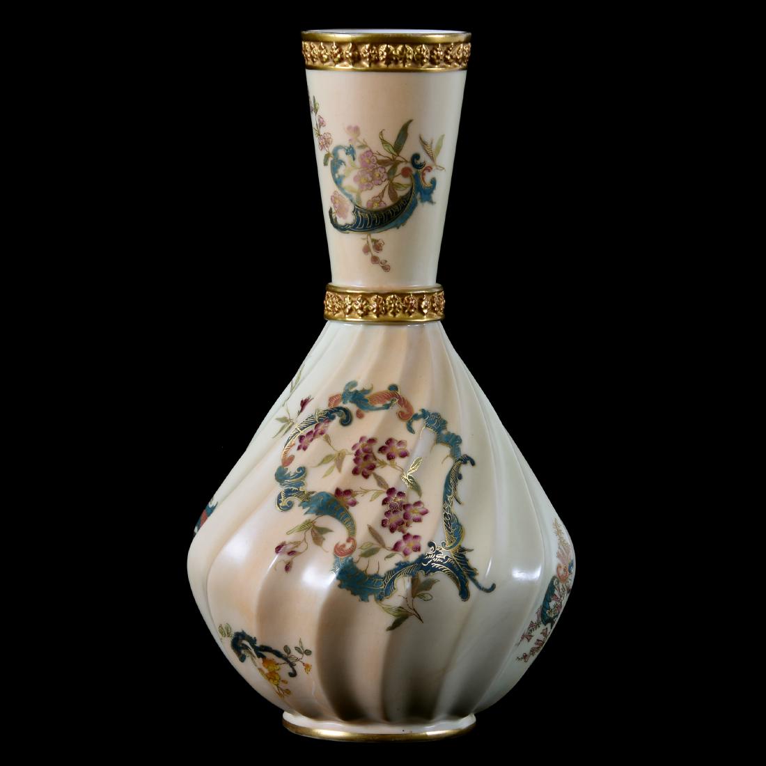 Vase Marked Royal Worcester #1452: Vase Marked Royal Worcester #1452, 10.5", Swirl Mold, Cream Tones with Colorful Floral Decor, Green Scroll Highlights