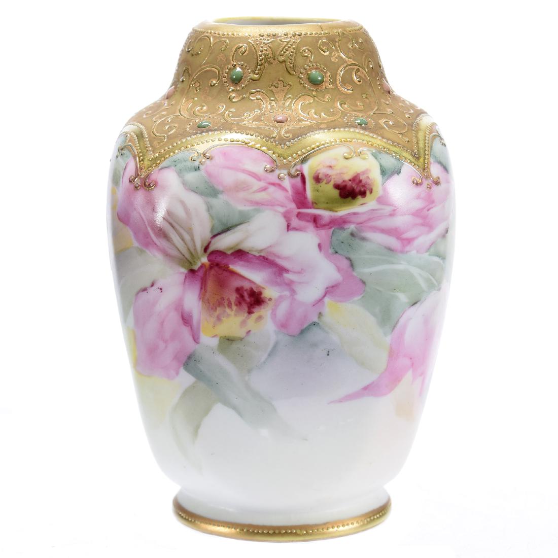 Four-Sided Vase Marked Nippon: Four-Sided Vase Marked Nippon, 5.25", Pale Green Background with Pink Floral Decor, Green Border with Colored Enamel Jewel Highlights