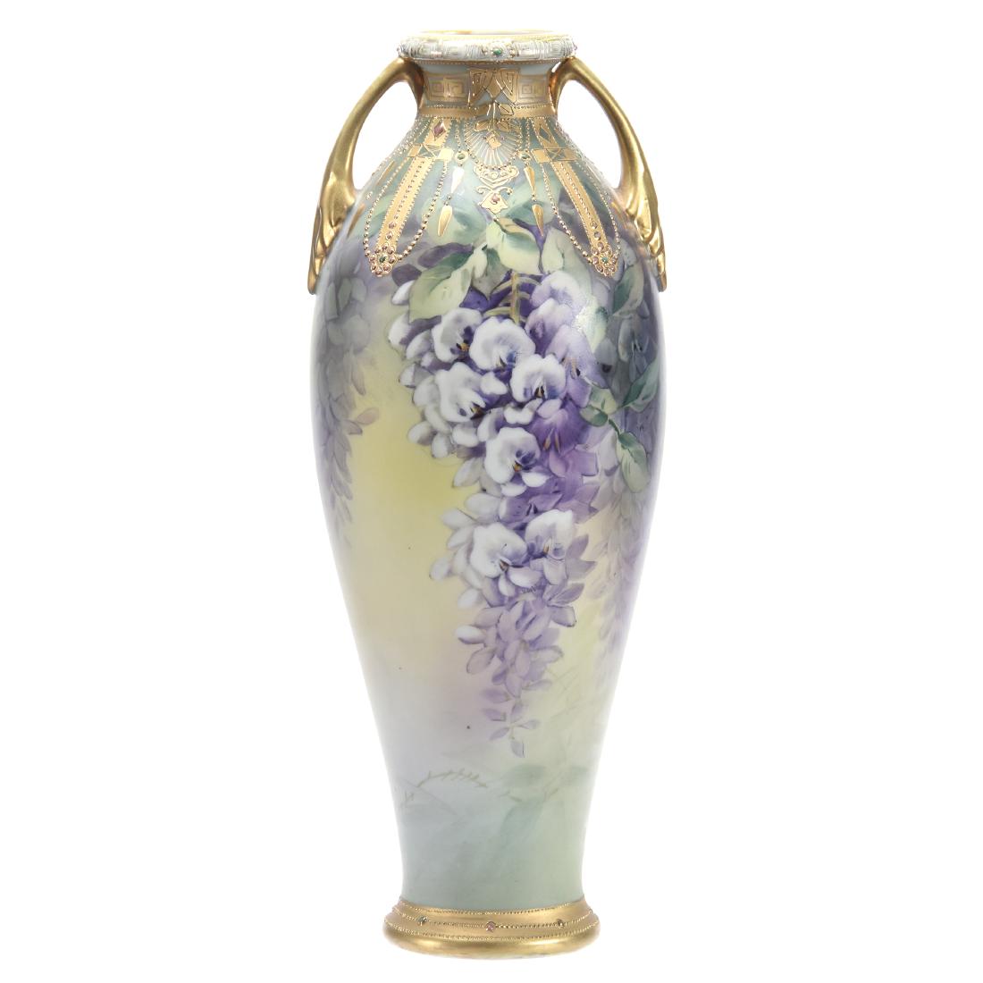 Two Handled Vase Marked Nippon: Two Handled Vase Marked Nippon, 15.25", Green and Yellow Background with Wisteria Decor, Gold Trim with Colored Enamel Jewel Highlights