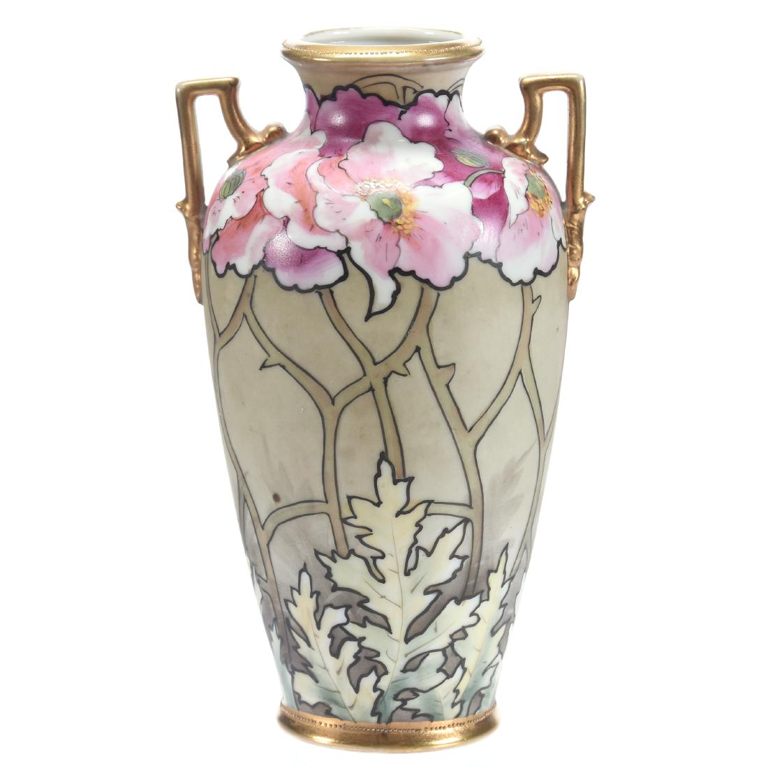 Two Handled Vase Marked Nippon: Two Handled Vase Marked Nippon, 7", Green Background with Pink Poppy Decor, Gold Trim Highlights