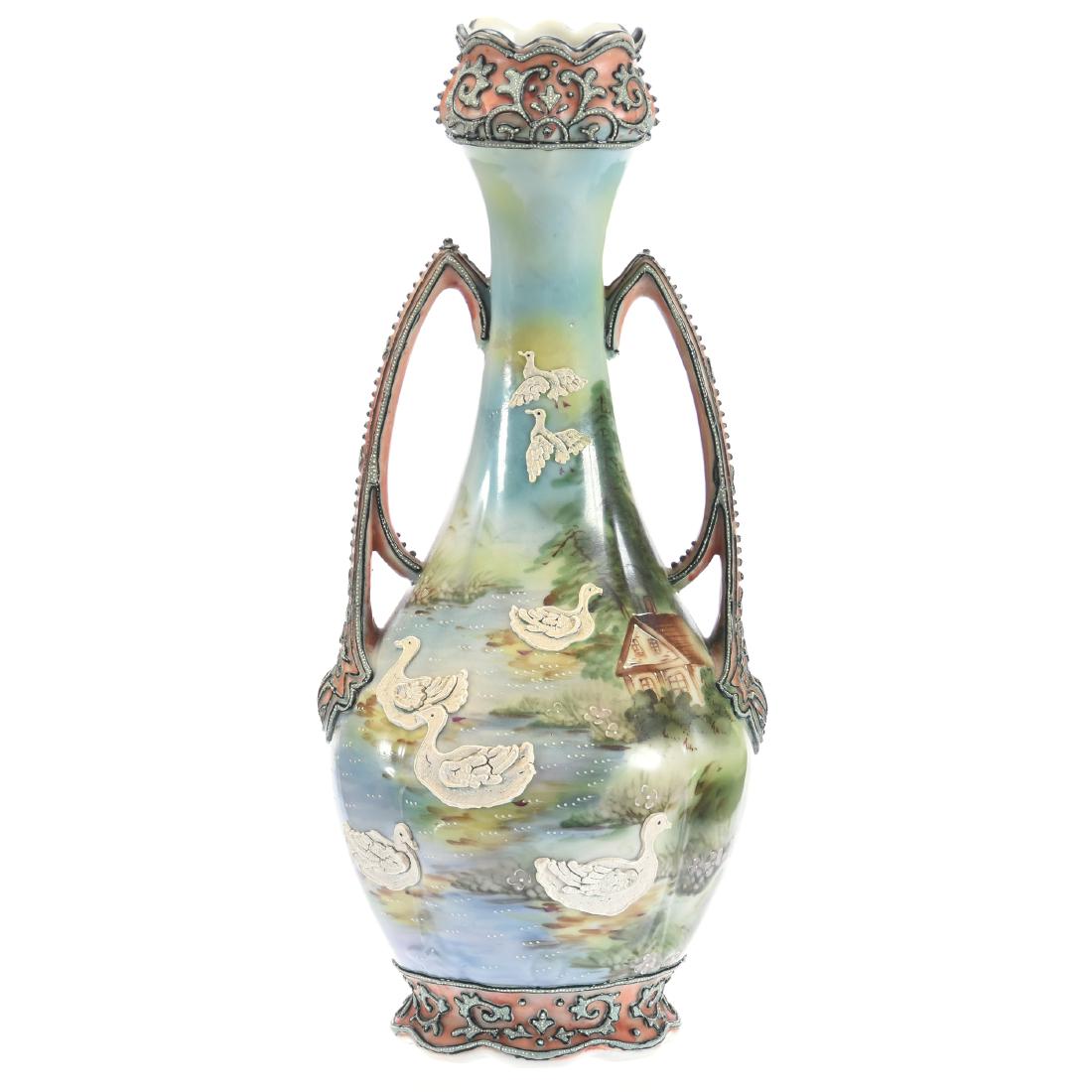 Two Handled Vase Marked Japan (Nippon Style): Two Handled Vase Marked Japan; (Nippon Style), 11.5", Cottage and Lake Scenic Decor with Heavy Moriaga Duck Decor and Trim Highlights