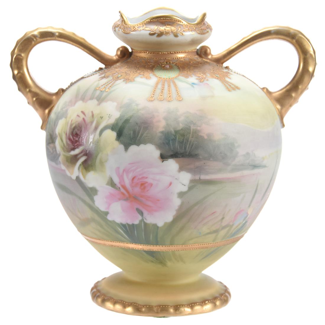 Two Handled Vase Marked Nippon: Two Handled Vase Marked Nippon, 7.5", Lake and Mountain Scenic Decor with Large Rose Highlights, Heavy Gold Trim