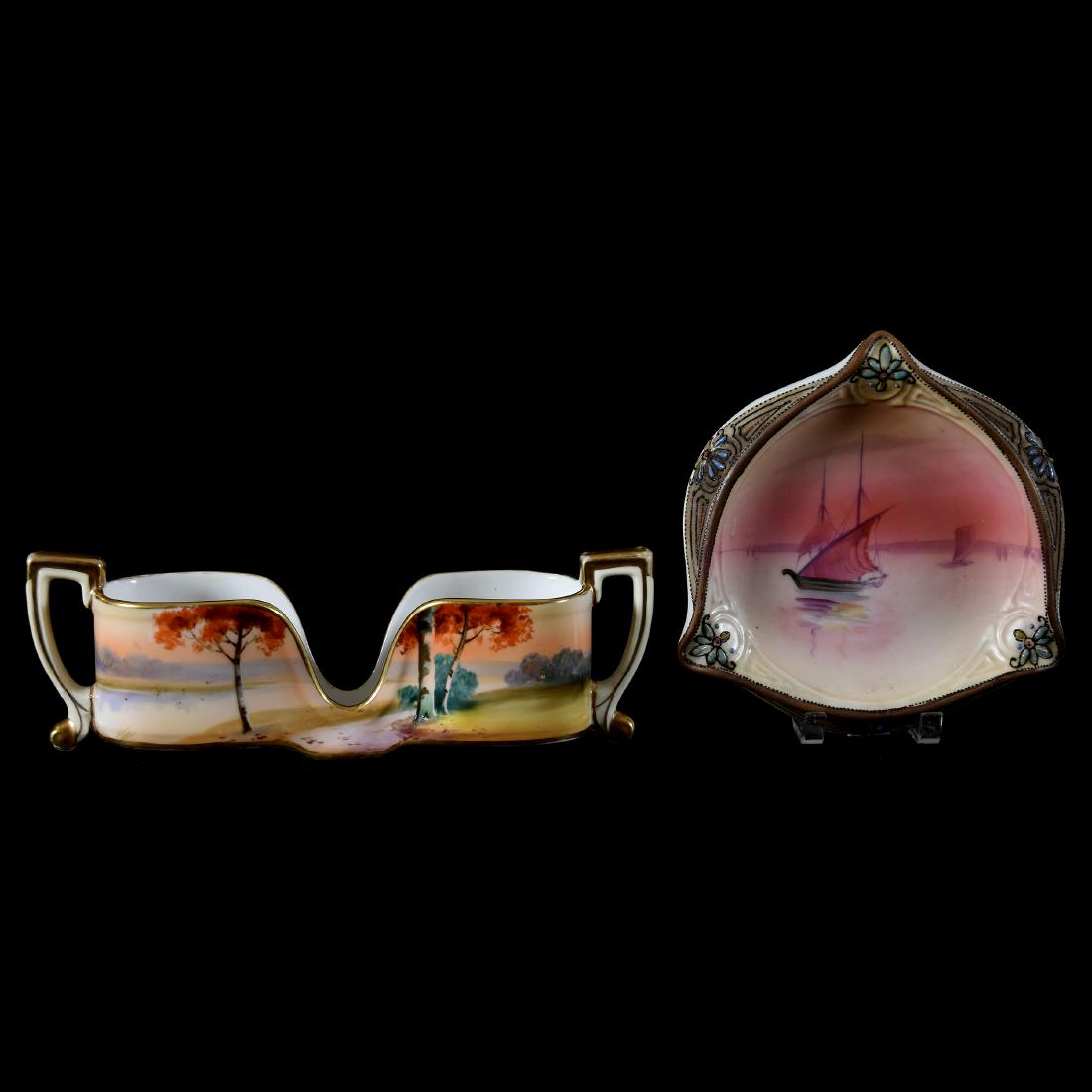 (2) Marked Nippon Specialty Items: (2) Marked Nippon Specialty Items; (1) 8" Spoon Holder, Tree and Lake Scenic Decor; (1) 5.25" Ashtray with Sailboat Scenic Decor