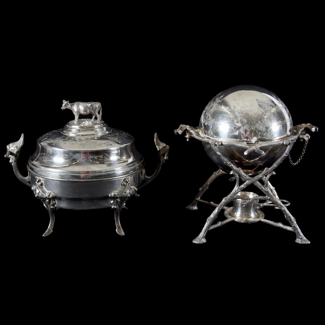 (2) Silverplate Figural Covered Serving Items: (2) Silverplate Figural Covered Serving Items; (1) 7.5" Coddled Egg Server / Warmer, Figural Twig / Branch Legs and Frame with Covered Server & Removeable Insert for Eggs; (1) Simpson Hall & Miller #8